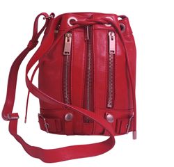 Saint Laurent Mini Bucket Bag, 'Rider' Red, Leather, DC, 4*